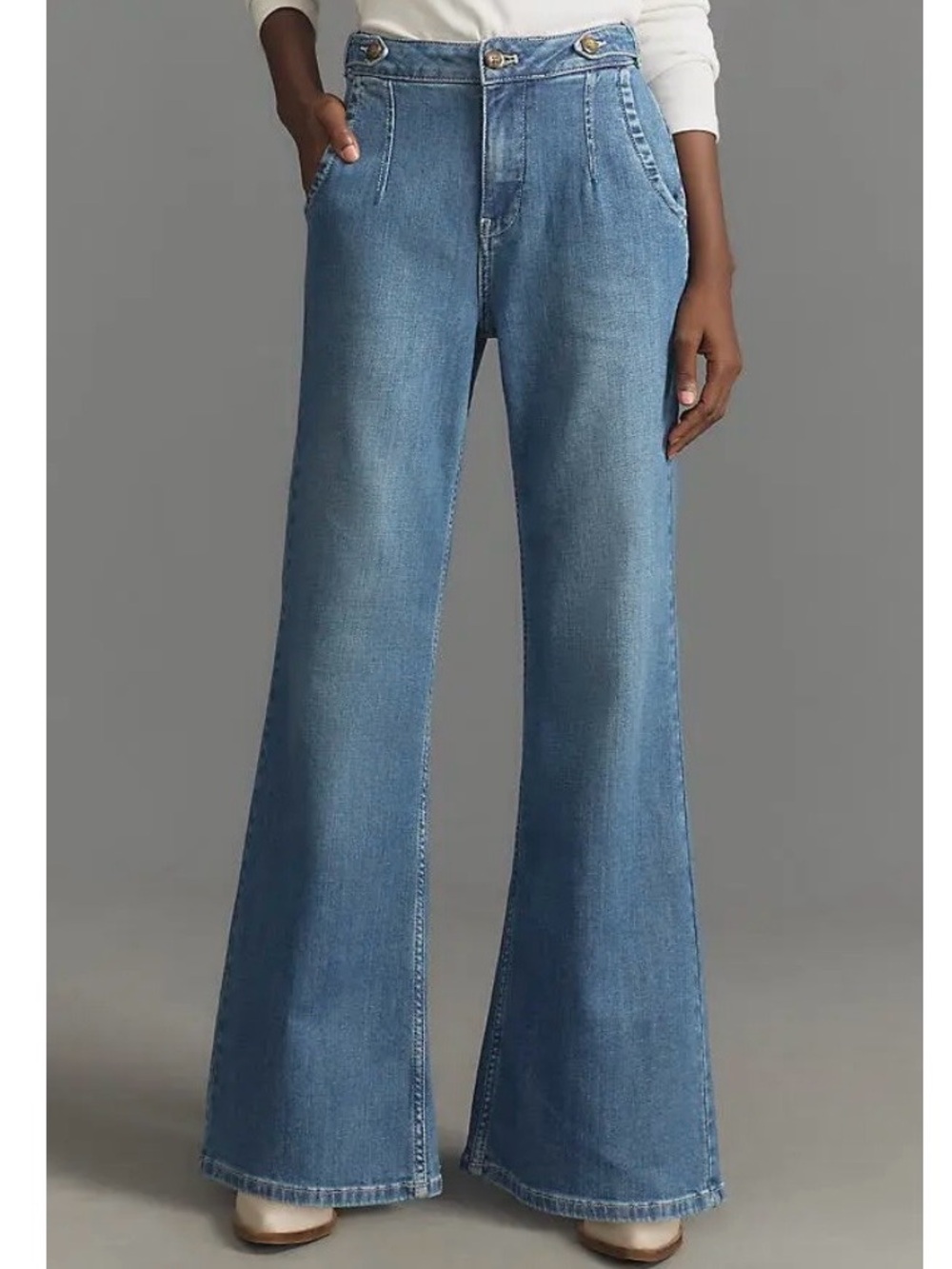 Pilcro Anthropologie Tower Flare Mid Rise Jeans Waist 30 Blue Adjustable Waist